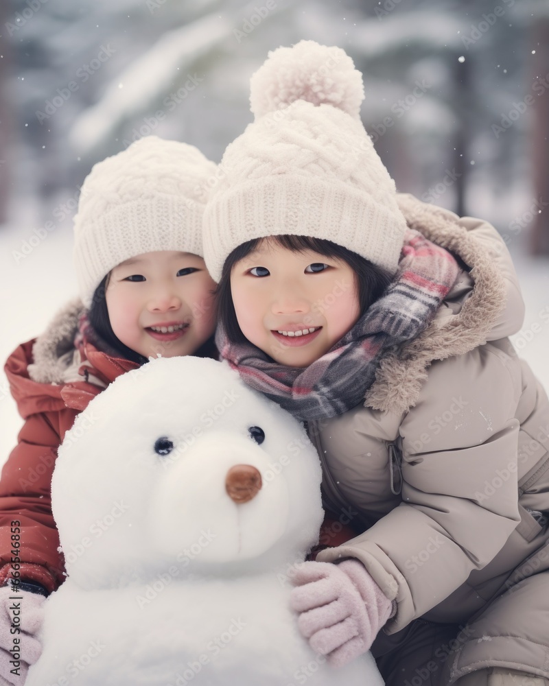A group of asian children making a snowman A group of asian children making a snowman