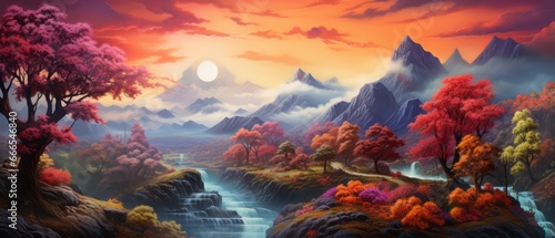 Painting Fantasy Illustration of a beautiful landscape with a river and mountains © ArtStockVault