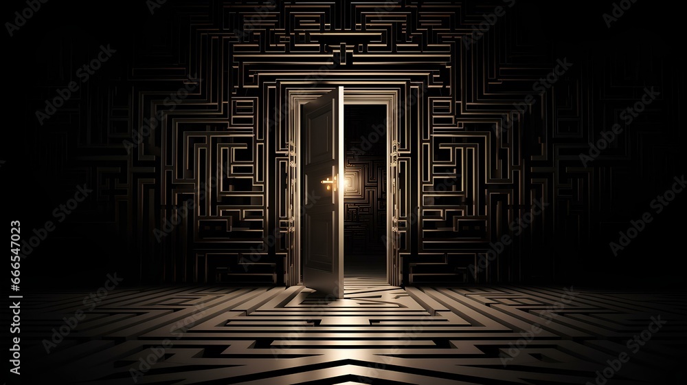 The door to the labyrinth of the subconscious, psychology and reason, the depths and mysteries of the inner world. - obrazy, fototapety, plakaty 