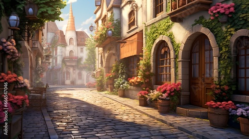 a tranquil, cobblestone alley in a historic European town, adorned with quaint street lamps and flower-filled window boxes
