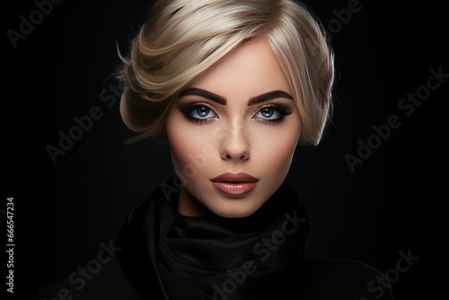Portrait of young blonde woman with natural makeup on black background. Attractive female model with sensual cosmetic makeup. Generate ai