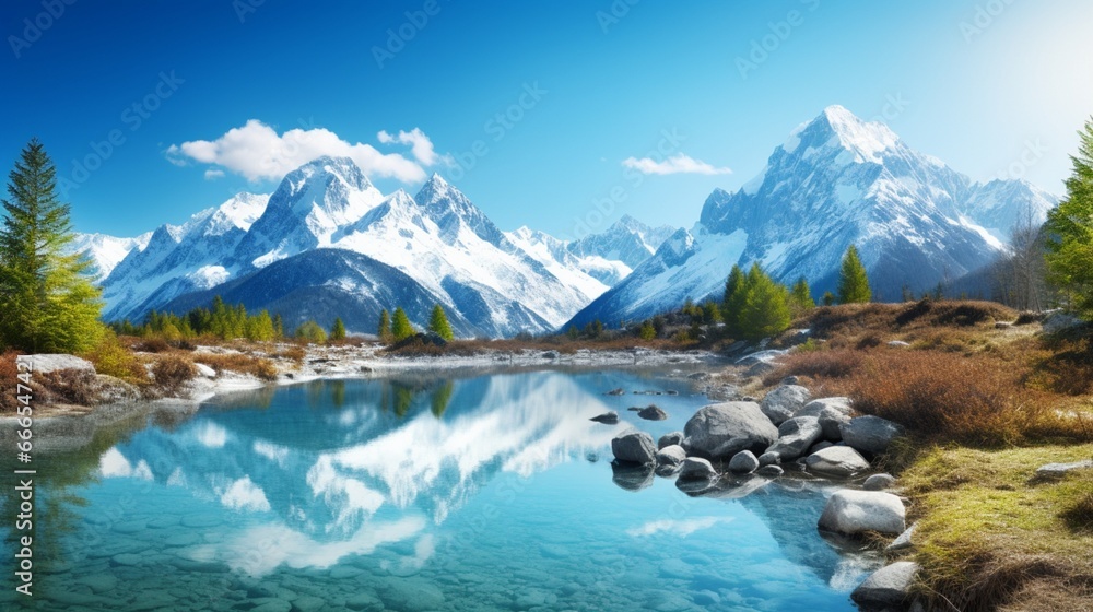 a tranquil mountain lake, with crystal-clear waters reflecting the surrounding snow-capped peaks, under a clear blue sky