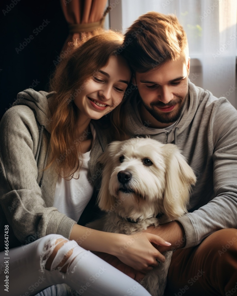 A happy couple posing with their dog A happy couple posing with their dog