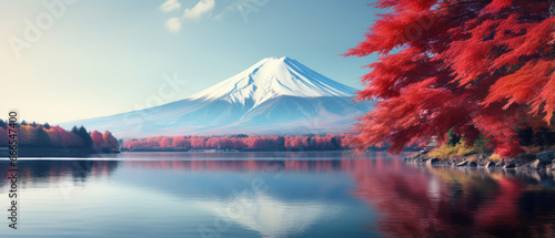 Mount Fuji in Japan Kawaguchiko lake autumn red leaves on trees mountain covered in snow calm lake reflects mountain and trees