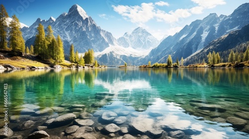 a tranquil mountain lake, with crystal-clear waters reflecting the surrounding snow-capped peaks, under a clear blue sky