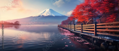 Mount Fuji in Japan Kawaguchiko lake autumn red leaves on trees mountain covered in snow calm lake reflects mountain and trees photo