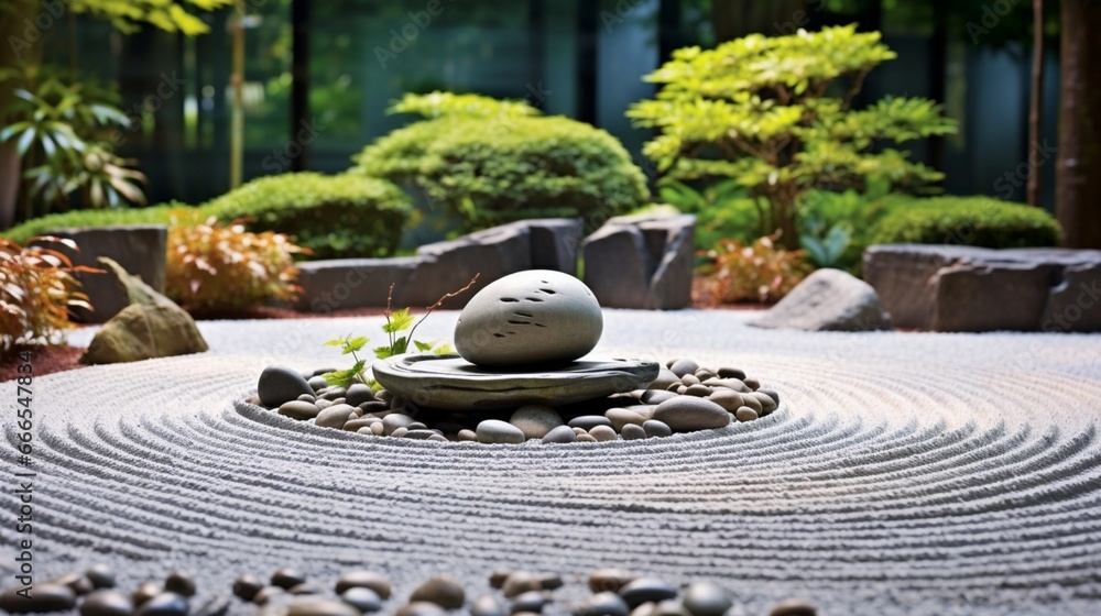 A tranquil Zen rock garden, with raked pebbles and strategically placed stones, inviting contemplation and inner peace