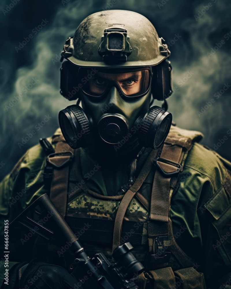 An armed soldier wearing a gas mask