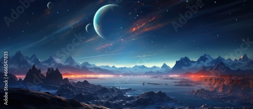 Fantastical landscape with a planet and a comet in the sky and a rocky terrain below wallpaper