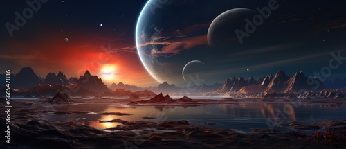 Fantastical landscape with a planet and a comet in the sky and a rocky terrain below wallpaper