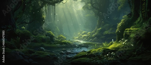 Mystical green forest with a stream and sunlight filtering through the trees © ArtStockVault