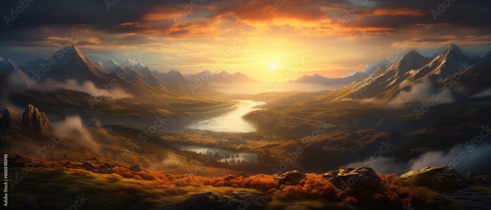 Picturesque Mountains landscape with crisp mountain air in Sunset