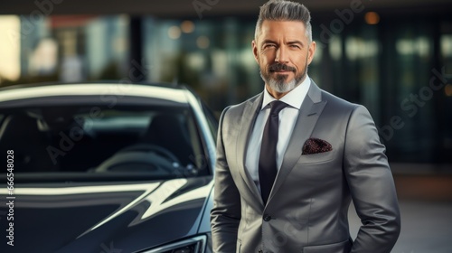 Successful businessman posing in front of his luxury car