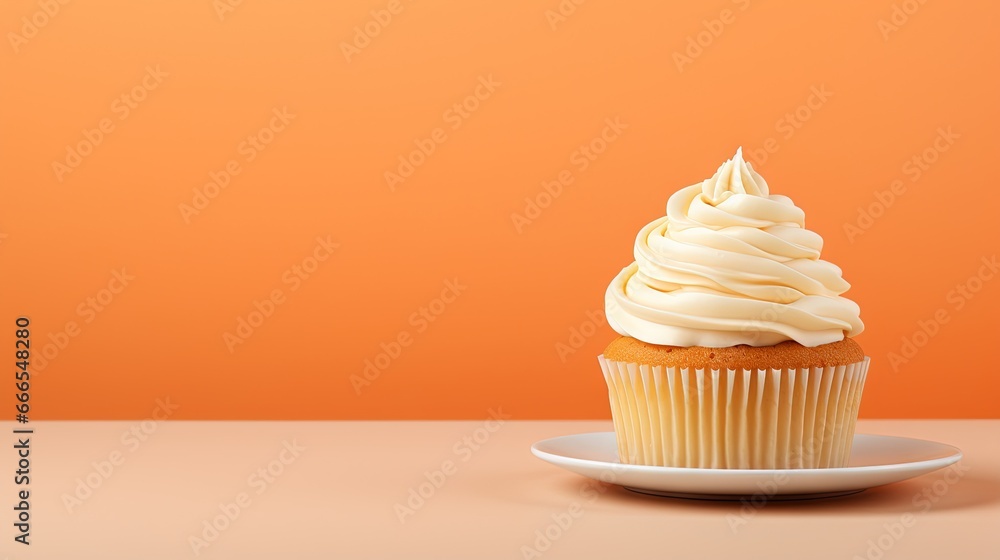 a cupcake with white frosting on a white plate. generative ai a cupcake with white frosting on a white plate. generative ai