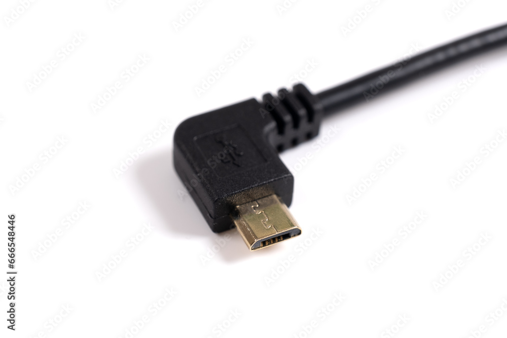 Micro USB cable with right-angled connectors isolated on white background Micro USB cable with right-angled connectors isolated on white background