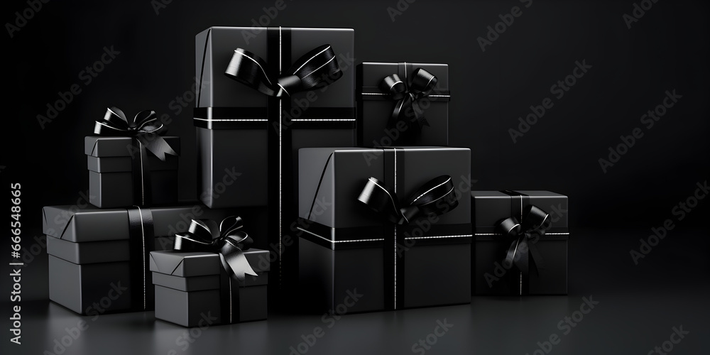 A arrangement of black gift boxes on a black background black gift ...