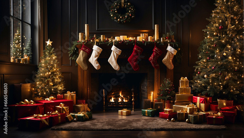 Christmas stocking on fireplace background, award winning fashion magazine cover photo of Christmas tree with red presents