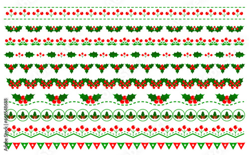Christmas holiday dividers stripes with traditional holly leaves berries for greeting card and invitation design.
