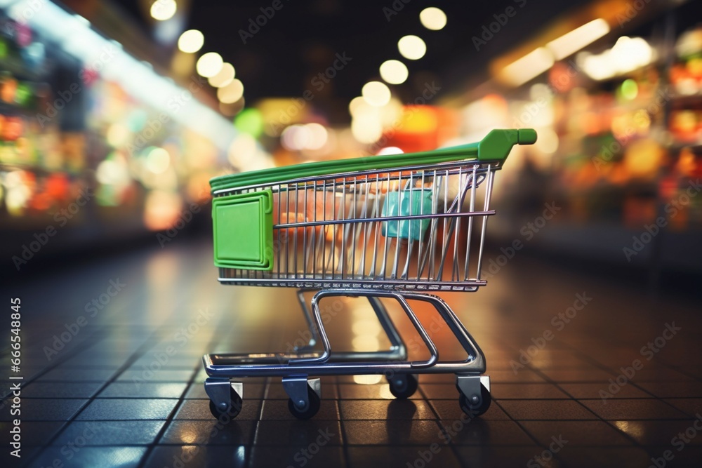 Abstract green cart in a supermarket aisle with colorful bokeh background lights
