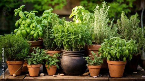 A well-tended herb garden, with fragrant basil, mint, and rosemary thriving in rustic clay pots, ready for culinary inspiration