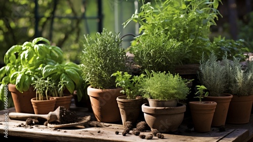 A well-tended herb garden, with fragrant basil, mint, and rosemary thriving in rustic clay pots, ready for culinary inspiration