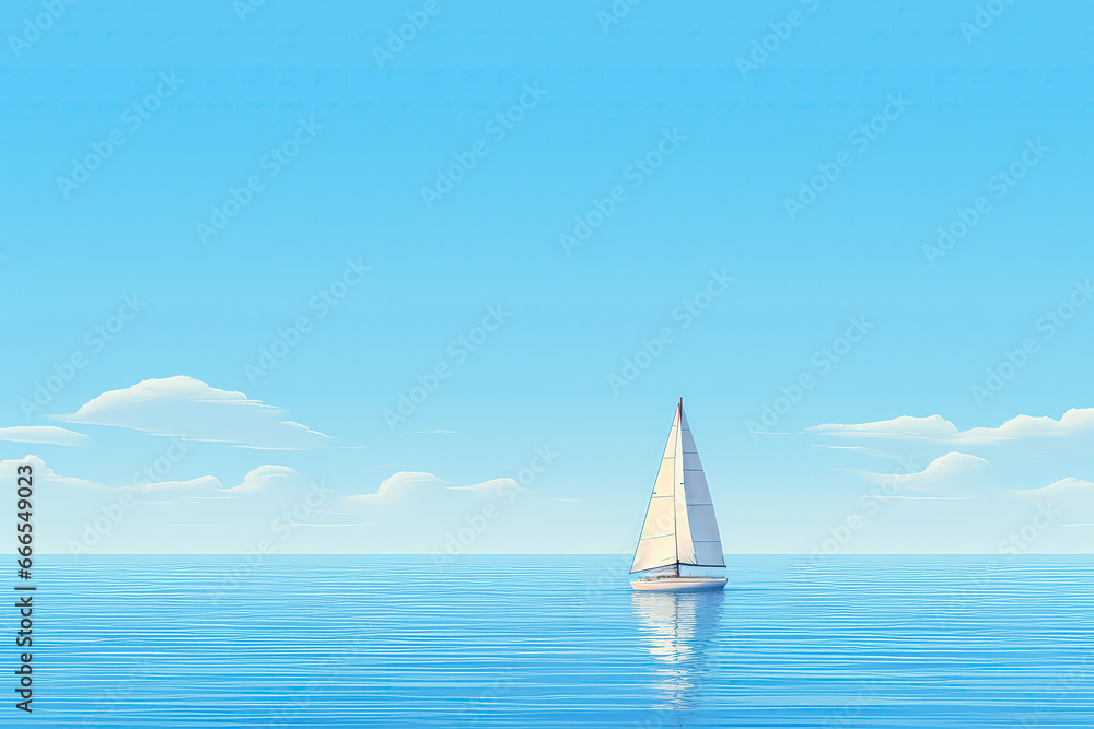 Solitary Sailboat Gliding Across Calm, Deep Blue Ocean Under Cloudless Sky