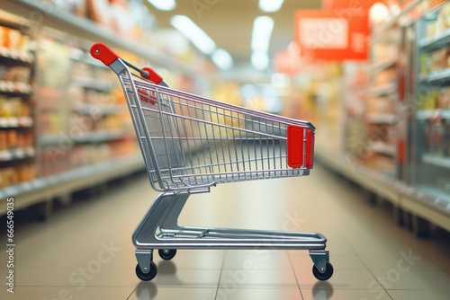 Blurry supermarket freezer aisle background with an empty red shopping cart