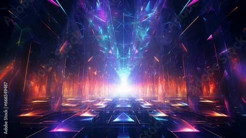 Crystalline lattice structures, refracting beams of laser light, forming a mesmerizing dance of colors