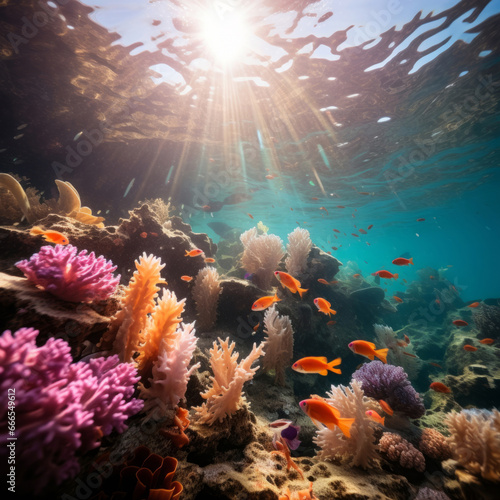 Underwater ecosystem. Sunbeams through water. Life underwater. © Allistair/Peopleimages - AI