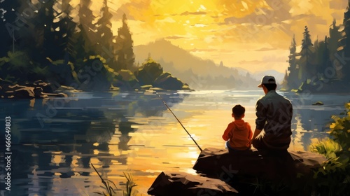 Father and son fishing together at the lake. Nature and beautiful sunset.