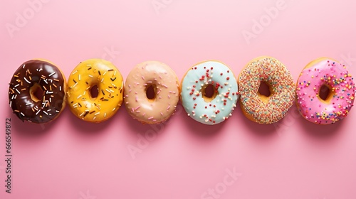  a row of doughnuts with sprinkles on a pink background.  generative ai