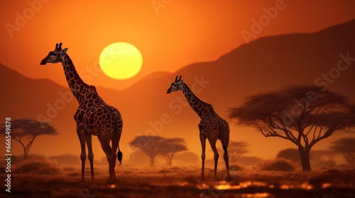Giraffes  sunset in Africa.