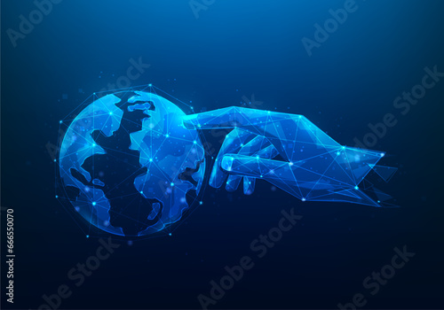 businessman touch business economy global internet connection technology. data finance exchange network worldwide. vector illustration futuristic low poly wireframe technology.