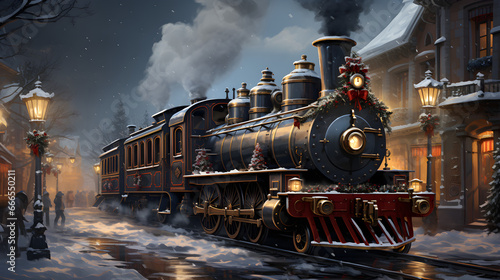 Watercolor illustration of Christmas train