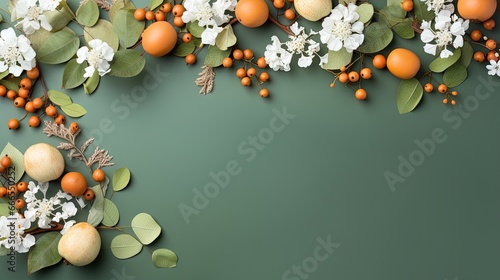  a green background with oranges and white flowers on it.  generative ai