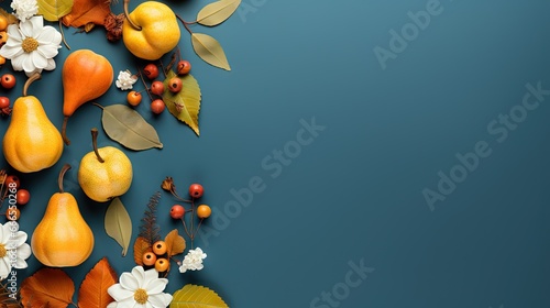  a blue background with a bunch of fruit and flowers on it.  generative ai © Shanti