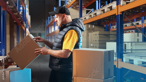 Postal warehouse worker. Man takes cardboard box from shelf. Loader in postal warehouse building. Guy works as storekeeper. Man contractor for warehouse company at workplace. Career storekeeper