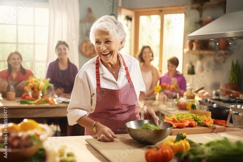 Elderly woman teaching a cooking class, sharing culinary secrets. © furyon