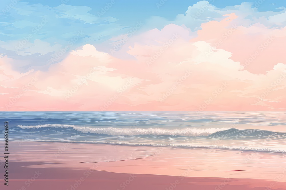 Serene Beach At Dawn, With Gentle Waves Lapping The Shore Under Soft, Pastelcolored Sky Serene Beach At Dawn, With Gentle Waves Lapping The Shore Under Soft, Pastelcolored Sky