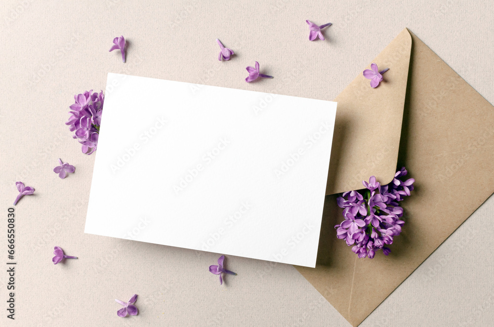 Blank invitation card mockup with envelope and flowers, white card mock up Blank invitation card mockup with envelope and flowers, white card mock up