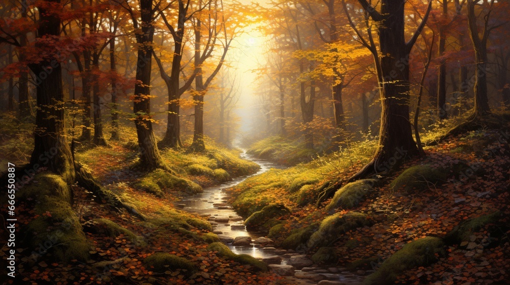 forest scene featuring a winding path blanketed by vibrant autumn leaves, with soft, golden sunlight filtering through the trees