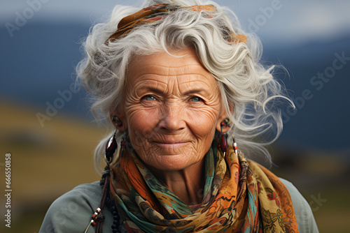 Portrait of smiling old woman, looking at camera. Close up