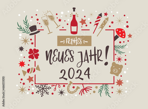 Neujahrsgrüße 2024 - deutscher Text - Vektor Illustration - bunt - frohes neues Jahr deutsch