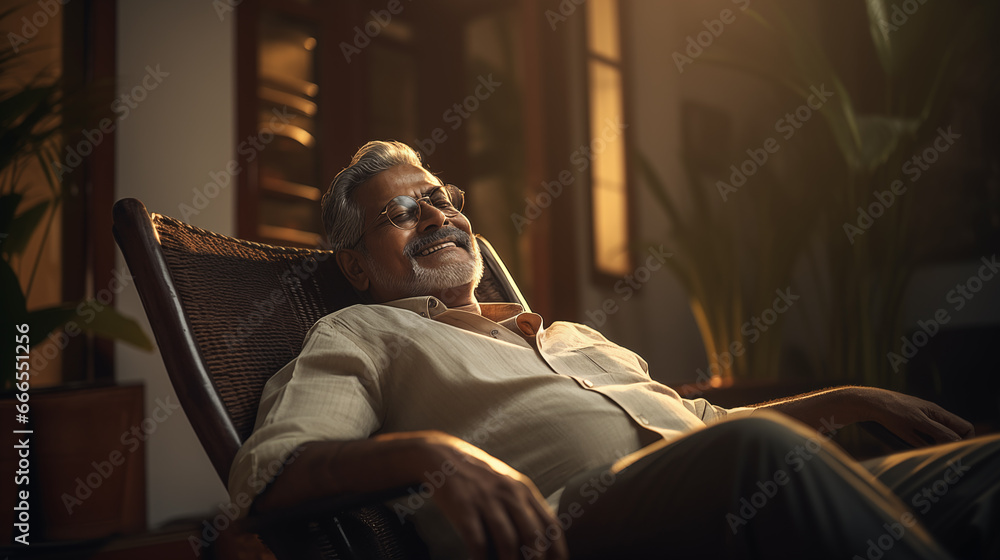 Mature Indian Man Relaxing on Rocking Chair at Home