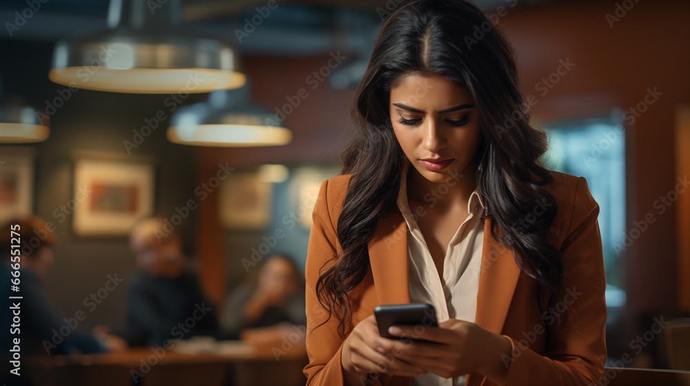 Indian young businesswoman in office reading bad news related to work on mobile phone Indian young businesswoman in office reading bad news related to work on mobile phone