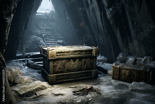 An ancient Nordic tomb in Skyrim with damaged loot treasure boxes left behind. Generative AI