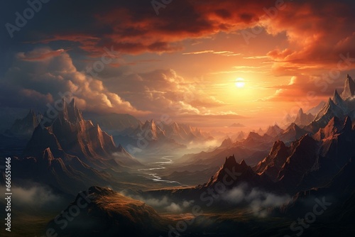 Beautiful sunrise over mountains. Generative AI © Dariel