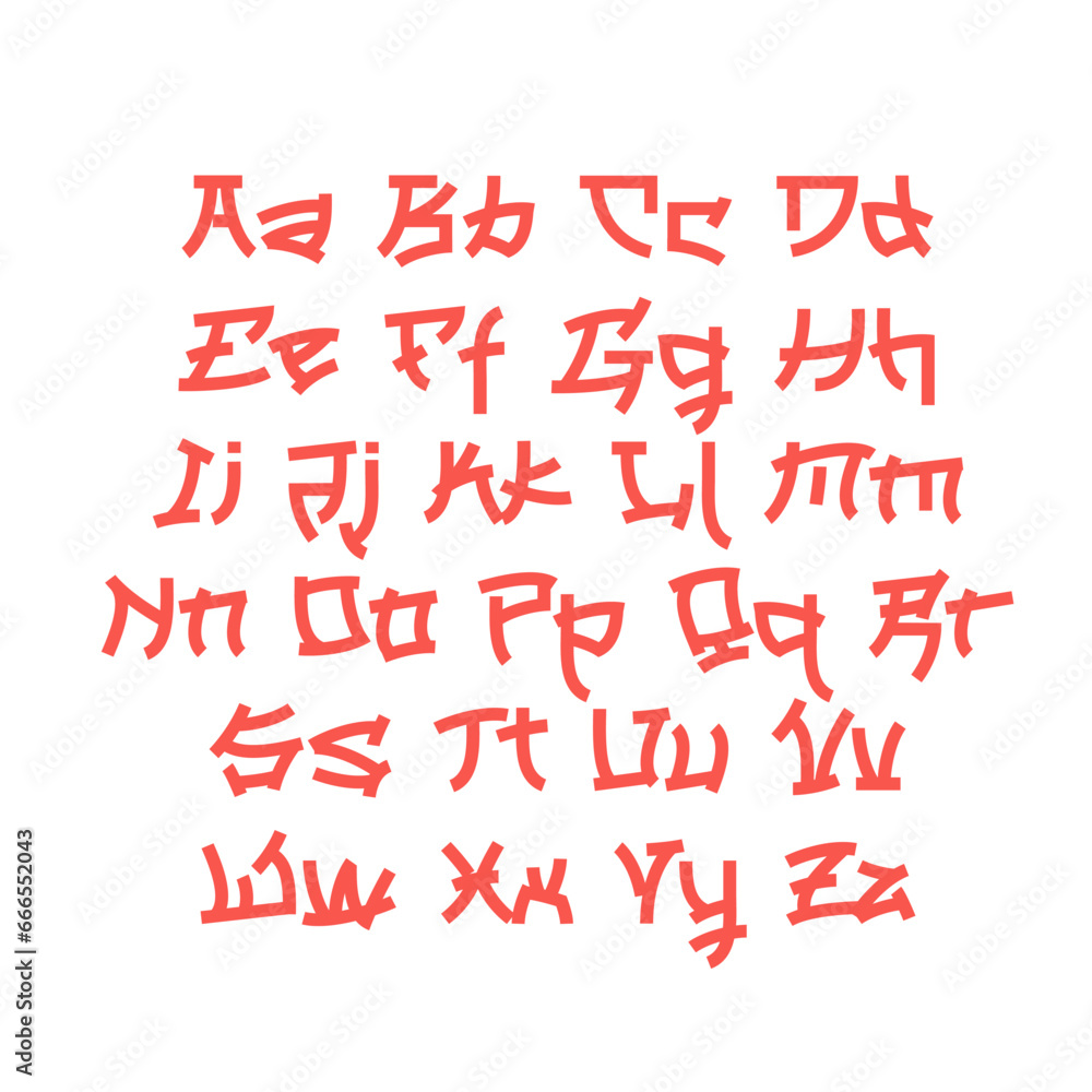Lowercase and uppercase letters of the English alphabet. Laconic font in Japanese style. A font inspired by Japan. Vector alphabet. Lowercase and uppercase letters of the English alphabet. Laconic font in Japanese style. A font inspired by Japan. Vector alphabet.