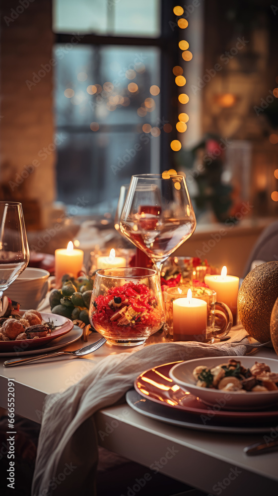 Christmas decor of the dining room, living room, window, candles, New Year, cozy home, table, festive dinner, apartment, evening light, winter, decorations, interior, design, dishes Christmas decor of the dining room, living room, window, candles, New Year, cozy home, table, festive dinner, apartment, evening light, winter, decorations, interior, design, dishes