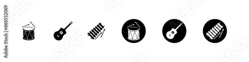 Musical instrument flat vector icons. Music instruments percussion drum, guitar and xylophone symbols.